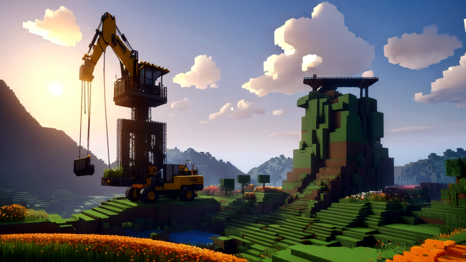 Mountain, landscape, Tree, flower, Sky, outdoor, No humans, 建筑study, cloud, study,colliery,(Minecart:1.5),(excavator:1.5),