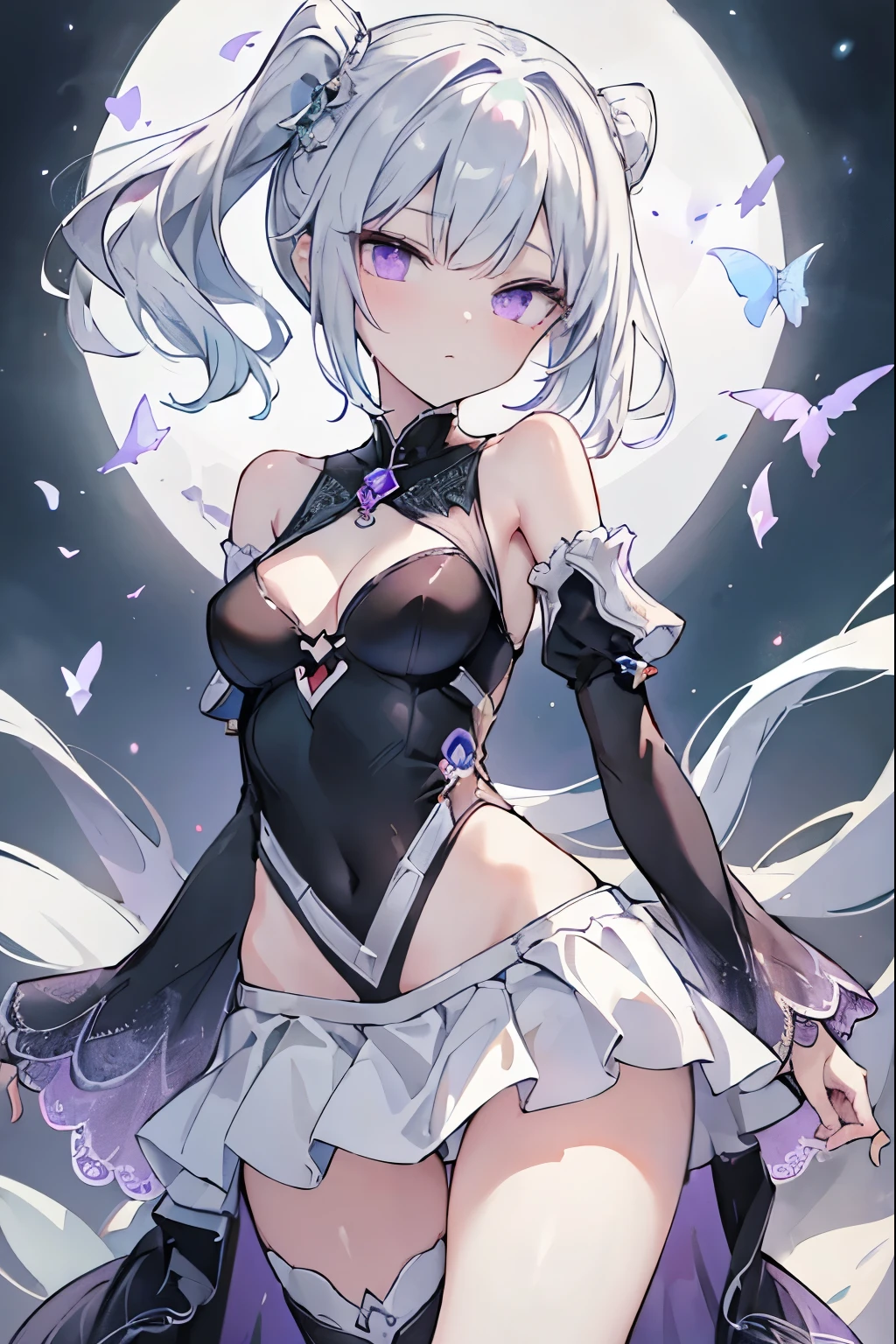 1girl, アニメ, cute girl, blank background, white background, fantasy, detailed fantasy dress with highlights, beautiful face, beautiful eyes, dark colors, black hair with multicolor streaks, red eye with different color pupil in eye, multicolor eye, medium breasts, slight cleavage, beautiful skin, cute, breast curtains, extremely delicate and beautiful, (beautiful detailed face:1.0), (detailed deep eyes), symmetrical breasts, deep eyes, shiny skin, portrait, slender waist, hips wider than shoulders, thighs, expressionless, young girl, luminous eyes, adorable,(Kpop idol),(aegyo sal:1),(Platinum blonde hair:1),((puffy eye)),Black panty,sexy posture,Superskirt, Ultra-high resolution,Black collar,slim figure, Abdominal y tattoo, womb tattoo,Tight-fitting leg ring,y tattoo on half-body,Bare skin, Armored hand,Hidden fingertips,Hand covered,Arm covered,Fist covered,{{beautiful detailed fingers}}, tufts of hair, moderate beautiful breast:1.0,(masterpiece:1.2), best quality, high-res, HDR, perfect face, intricate armor, delicate blue filigree, intricate filigree, red metalic parts, detailed part, dynamic pose, dynamic lights, cute face, neutral expression, shuimobysim, lotus, Hanfu, maxi skirt, dress conservatively 1girl, 独奏, long blue hair, standing, One lady,14years,((White hair) ,(Shiny purple bodysuit with microskirt),((Fantasy, Moon Night)), gradient_eyes,