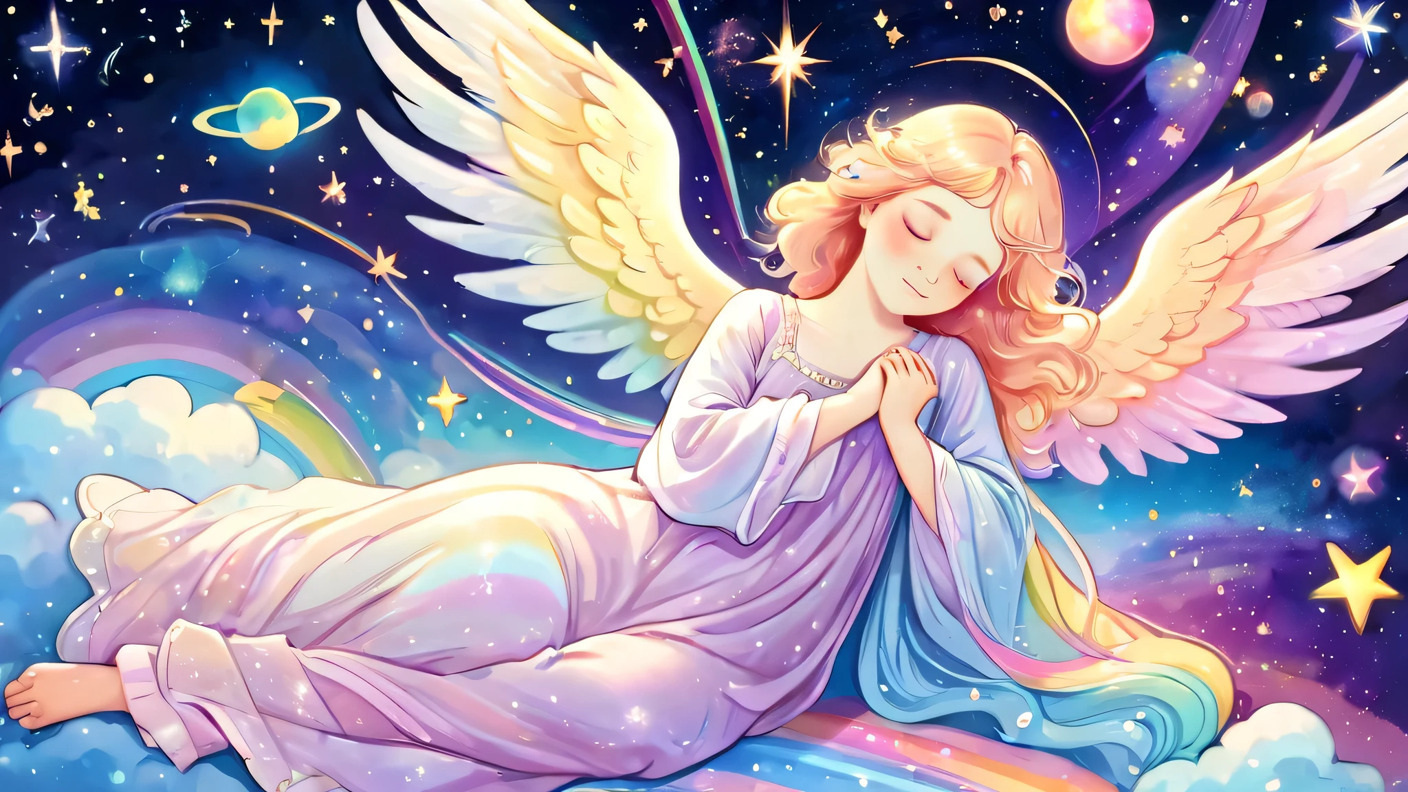 Beautiful angel sleeping happily holding the earth, outer space, pastel rainbow colored wings, shooting stars, fine pearl light