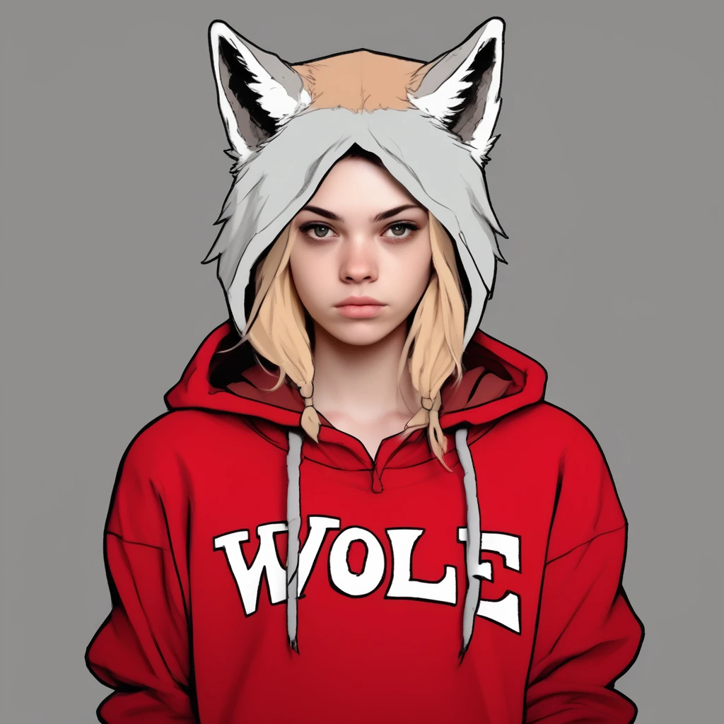 score_9, score_8_up, (clear simple background, white background, papyrus background), ((adult))
(girl:1.2), _young, lagre_breasts , smug face, Serious face expression, whore_makeup, tribal makeup, solo, (blond hair, red hoody, , female), (wearing grey wolf hide, grey colored wolf head cap:1.2), (fullbody, tattoos, curvey bode, cute face, focus), beautiful,
