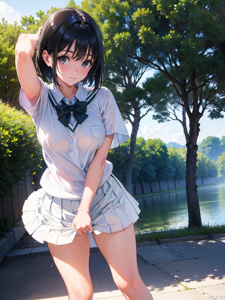 (Highest quality, masterpiece, Ultra-high resolution, (Photorealistic:1.4), RAW Photos),One girl,chool uniform,(wet:1.1), short sleeve, water drops,skirt lift,show off white panties,pull panties,undressing(Very short black hair, Amazingly cute face, Very beautiful big black eyes)), Very lean body, Very flat and beautiful Massive Breasts and a beautiful ass, An innocent smile,Showcasing cleavage, legs, stretch legs, hip, from behind, stretch legs, from behind, View Viewer, Detailed face, Fine grain, Detailed Hair, Detailed body, Thigh details,
