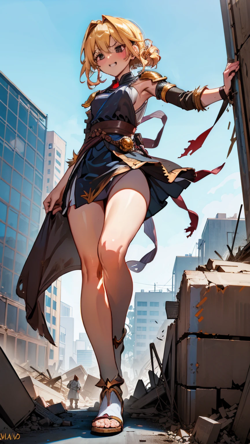 Amid the ruins of a city, the Giantess Goddess towers over everything, her golden skin glistening in the sunlight. Her eyes gleam with delight as she steps forward, crushing buildings and people alike beneath her feet. Normal-sized humans run in terror, their efforts to escape futile. With each step, she scoops up more victims, their screams of fear and pain music to her ears. Pressing them against her soft, fiery skin, she revels in their struggles, each life snuffed out fueling her pleasure.
