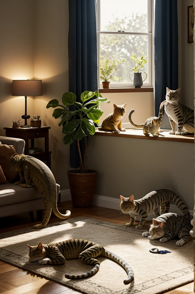 Create an image featuring a playful scene where a curious lizard and two cats are interacting in a cozy living room. The lizard is on a windowsill basking in the sunlight, while the cats, one sitting and the other standing, are watching it intently with a mix of curiosity and fascination. The room has a warm and inviting atmosphere, with a few plants and comfortable furniture in the background."