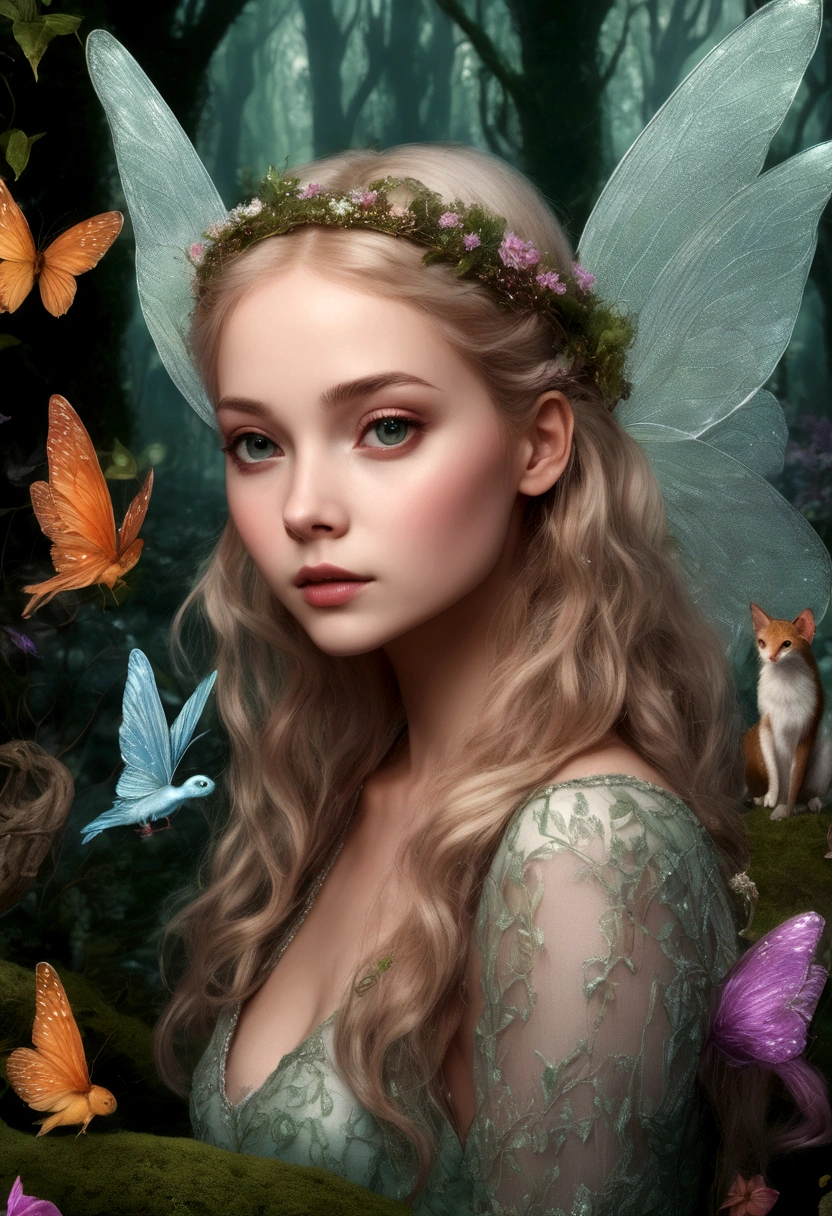 A fairy surrounded by enchanted creatures in a magical forest