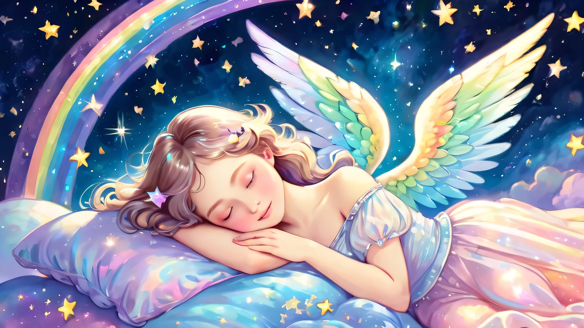 Beautiful angel sleeping happily holding the earth, outer space, pastel rainbow colored wings, shooting stars, fine pearl light