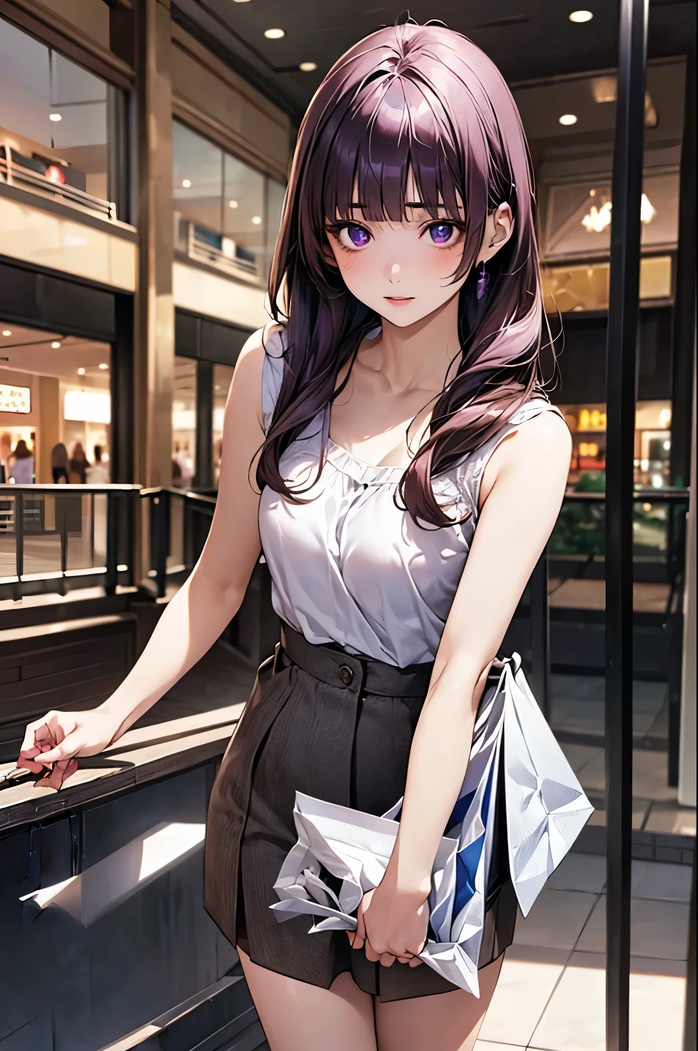 (masterpiece:1.2, top-quality), (realistic, photorealistic:1.4), beautiful illustration, (natural side lighting, movie lighting), nsfw,
looking at viewer, (face focus, upper body), 1 girl, high school girl, (perfect anatomy, anatomically correct, super detailed skin), cute and symmetrical face, perfect face, perfect eyes,
(long hair:1.4, hime style, hime cut, purple hair), blunt bangs, purple eyes, big eyes, long eye lasher, (medium breasts, seductive thighs), slender, face, shiny skin,
beautiful detailed hair, beautiful detailed face, beautiful detailed eyes, beautiful clavicle, beautiful body, beautiful chest, beautiful thigh, beautiful legs, beautiful fingers,
(sleeveless white blouse, rose brown tight skirt, white neck ribbon, white high heels with straps),
(beautiful scenery), evening, (shopping mall:1.5), standing, leaning forward, (grabbing hair), (hair twirling), (dark persona, envy, scared, upper eyes),