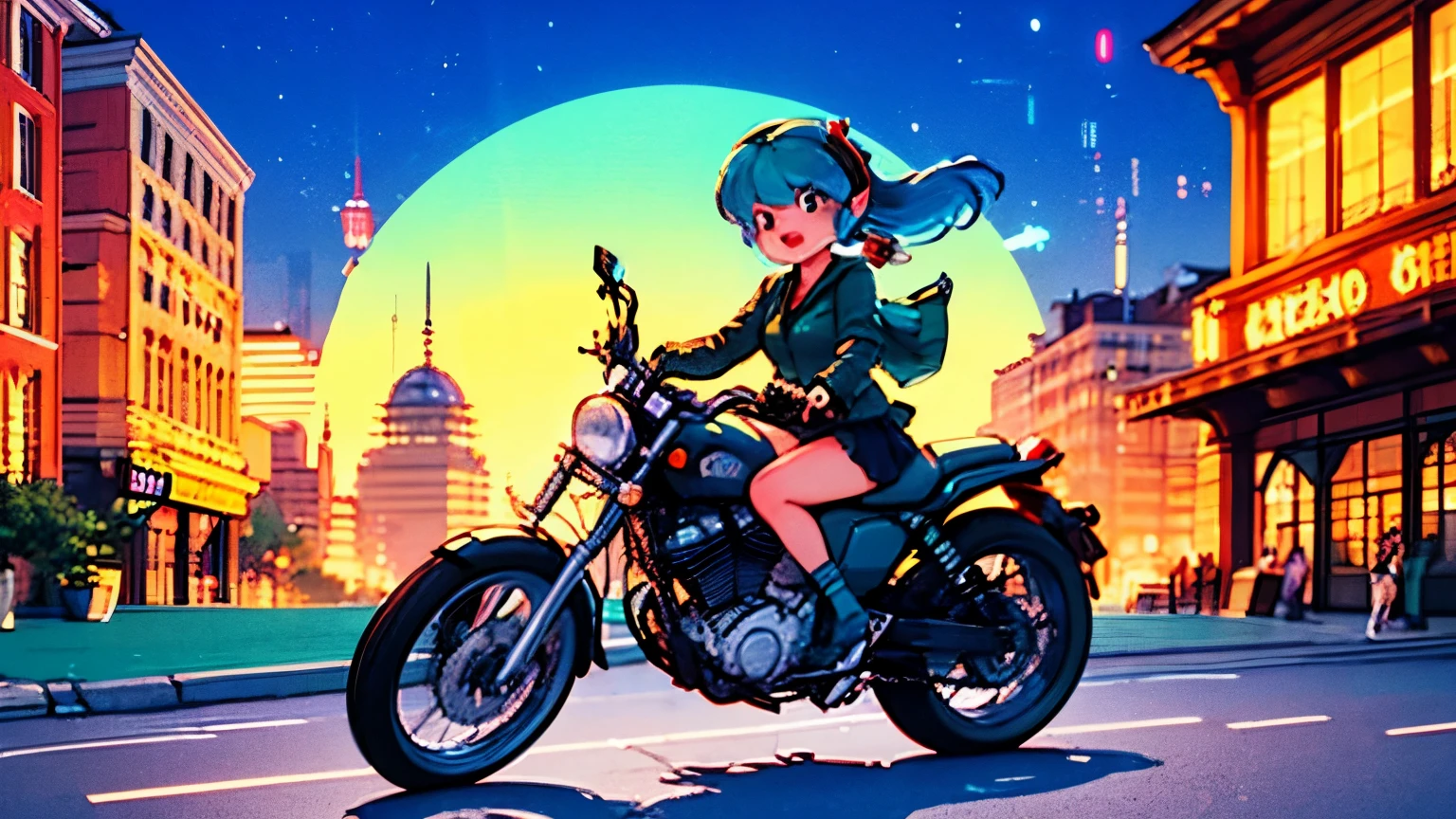 (score_9, score_8_up, score_7_up), lum, solo, long hair, bangs, blue hair, blue eyes, aqua hair, horns, eyeshadow, large breasts, looking at viewer, blush, a person riding a motorcycle, no helmet, leather jacket, hair blowing in the wind, on an overpass, neon city lights, left hand on the handlebar, (best quality,4k,8k,highres,masterpiece:1.2),ultra-detailed,detailed face and eyes, highly detailed, cinematic lighting, vibrant colors, dramatic atmosphere, motion blur, depth of field, licking a Chupa Chups lolly, pleasure on her face, bliss, mischievous smirk, intricate detailed facial features, high quality, 8k, beautiful detailed eyes, beautiful detailed lips, extremely detailed face, long eyelashes, vibrant colors, warm lighting, cinematic composition, dreamy atmosphere, fantasy, whimsical, magical realism, close-up motorcycle, from side, (full body),