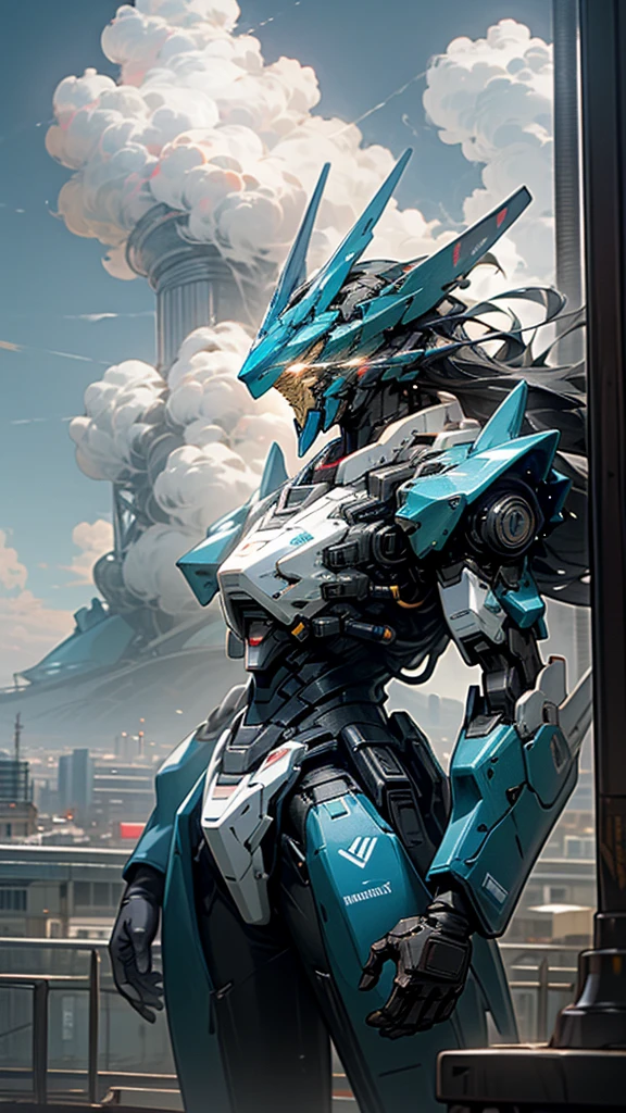 (UHD, retina, masterpiece, accurate, anatomically correct, textured skin, super detail, high details, high quality, best quality, high res, 1080P, HD, 4K, 8k, 16k), studio lighting, physically-based rendering, vivid colors, (glowing, robot, mecha, glowing_eyes, realistic_mecha, science_fiction), (sky, cloud, city, building, no_humans), (holding_weapon, front_view),