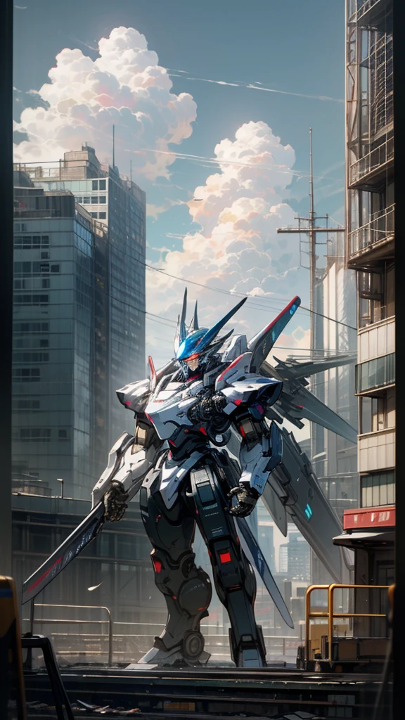 (UHD, retina, masterpiece, accurate, anatomically correct, textured skin, super detail, high details, high quality, best quality, high res, 1080P, HD, 4K, 8k, 16k), studio lighting, physically-based rendering, vivid colors, (glowing, robot, mecha, glowing_eyes, realistic_mecha, science_fiction), (sky, cloud, city, building, no_humans), (holding_weapon, front_view),