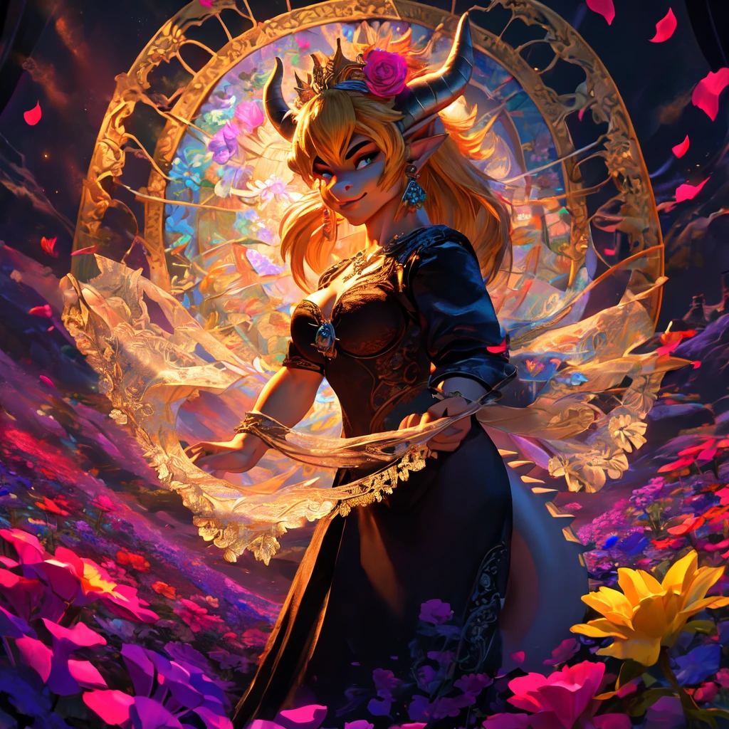 Exquisite Bowsette character, elegant dark gown design, dragon tail, vibrant flowers in a sunlit field, dynamic spinning motion, detailed lace patterns, flowing dark fabric, intricate embroidery, fantasy setting, magical atmosphere, bright and vivid colors, whimsical style, digital illustration, high resolution, enchanting lighting effects, artistically rendered shadows, ArtStation showcase.