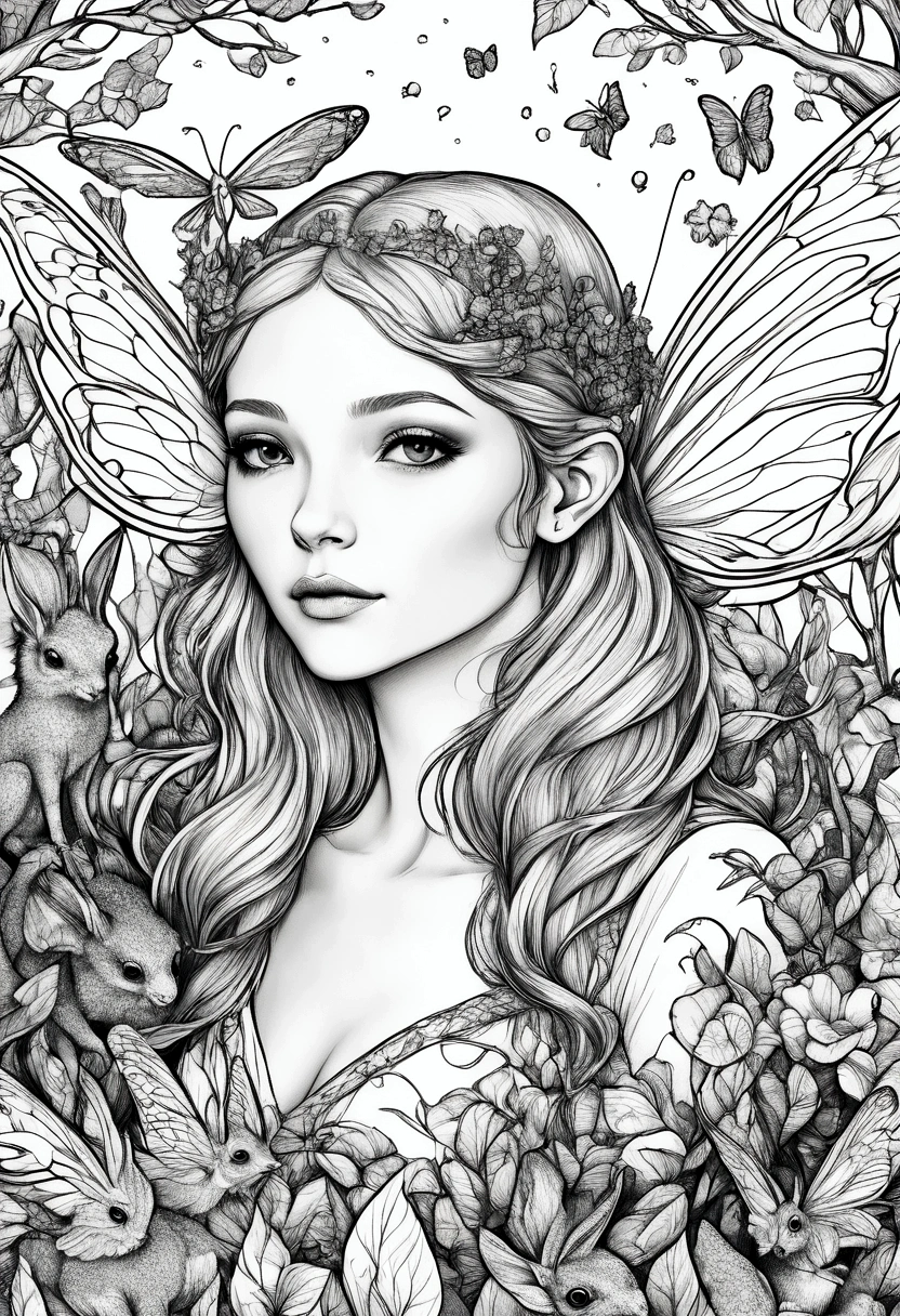 A fairy surrounded by enchanted creatures in a magical forest, clean line art, white background, colouring page, clean