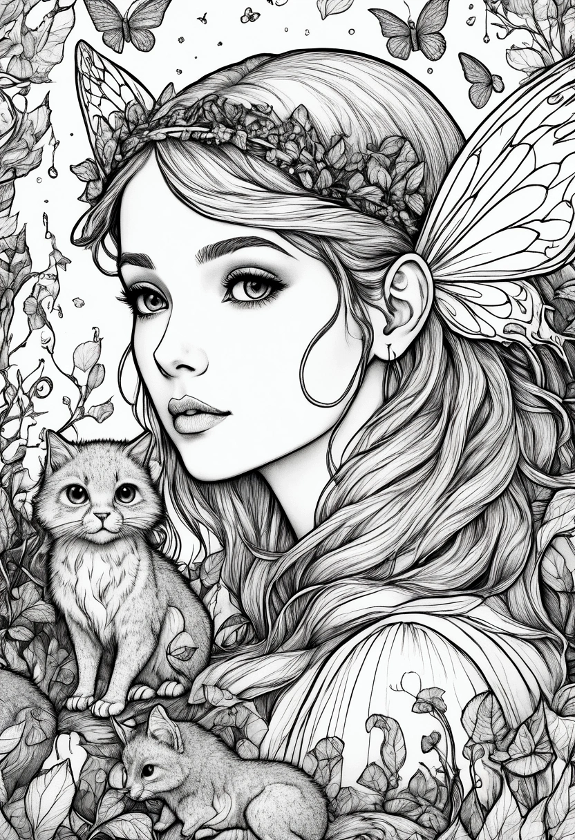 A fairy surrounded by enchanted creatures in a magical forest, clean line art, white background, colouring page, clean