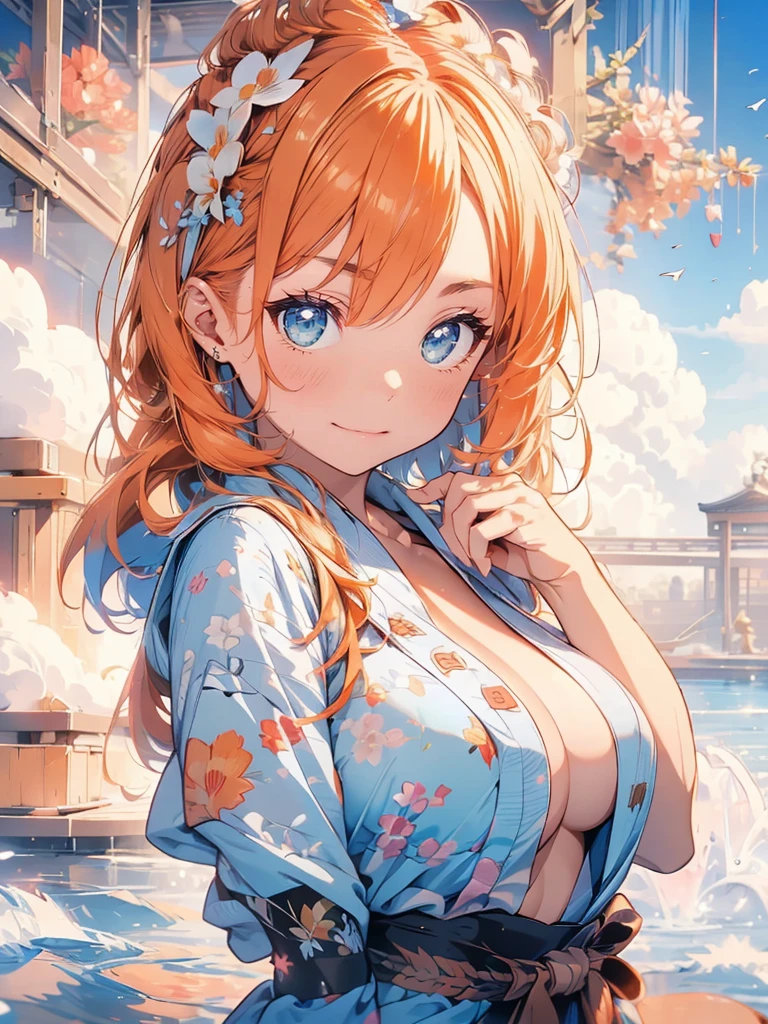 One angel wearing a yukata after a hot spring bath(:1.5)(Small body) (Orange Hair:1.5)(eyelash:1.2) (Mid-length hair:1.4), (Blue eyes)(Big Breasts:1.3)High Contrast