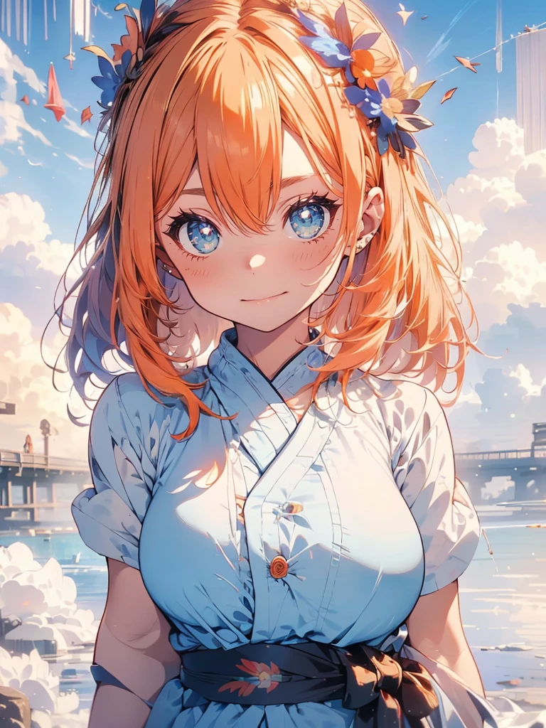 One angel wearing a yukata after a hot spring bath(Little Girl:1.5)(Small body) (Orange Hair:1.5)(eyelash:1.2) (Mid-length hair:1.4), (Blue eyes)(Big Breasts:1.3)High Contrast