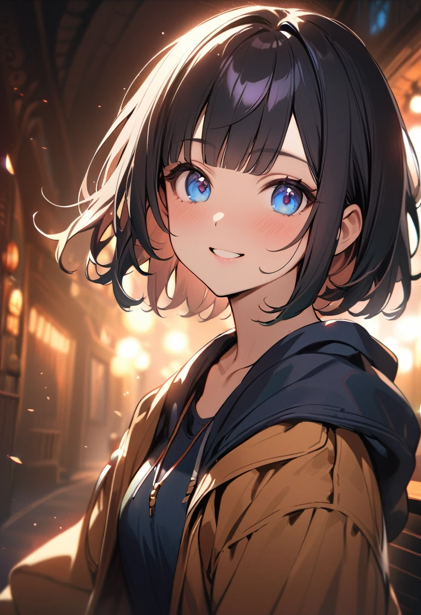 1 girl, 15 years old, blunt bangs, black hair, blue eyes, short hair, smile
BREAK (masterpiece), (high resolution 8K), cinematic lighting, professional lighting, detailed eyes and face, detailed body, 