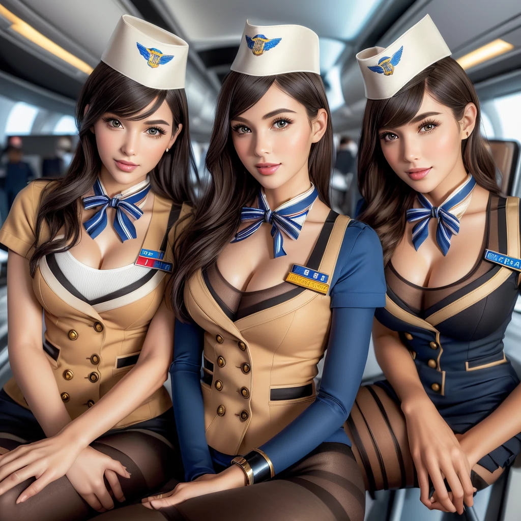 (best quality, masterpiece:1.5), (ultra-detailed, realistic:1.37),4K,(3woman:1.5),American,cute,beautiful,(Air hostess:1.3),stewardess,(miniskirt),(black pantyhose:1.2).short hair,smile,sitting,beauty,perfect hands,perfect fingers,perfect legs