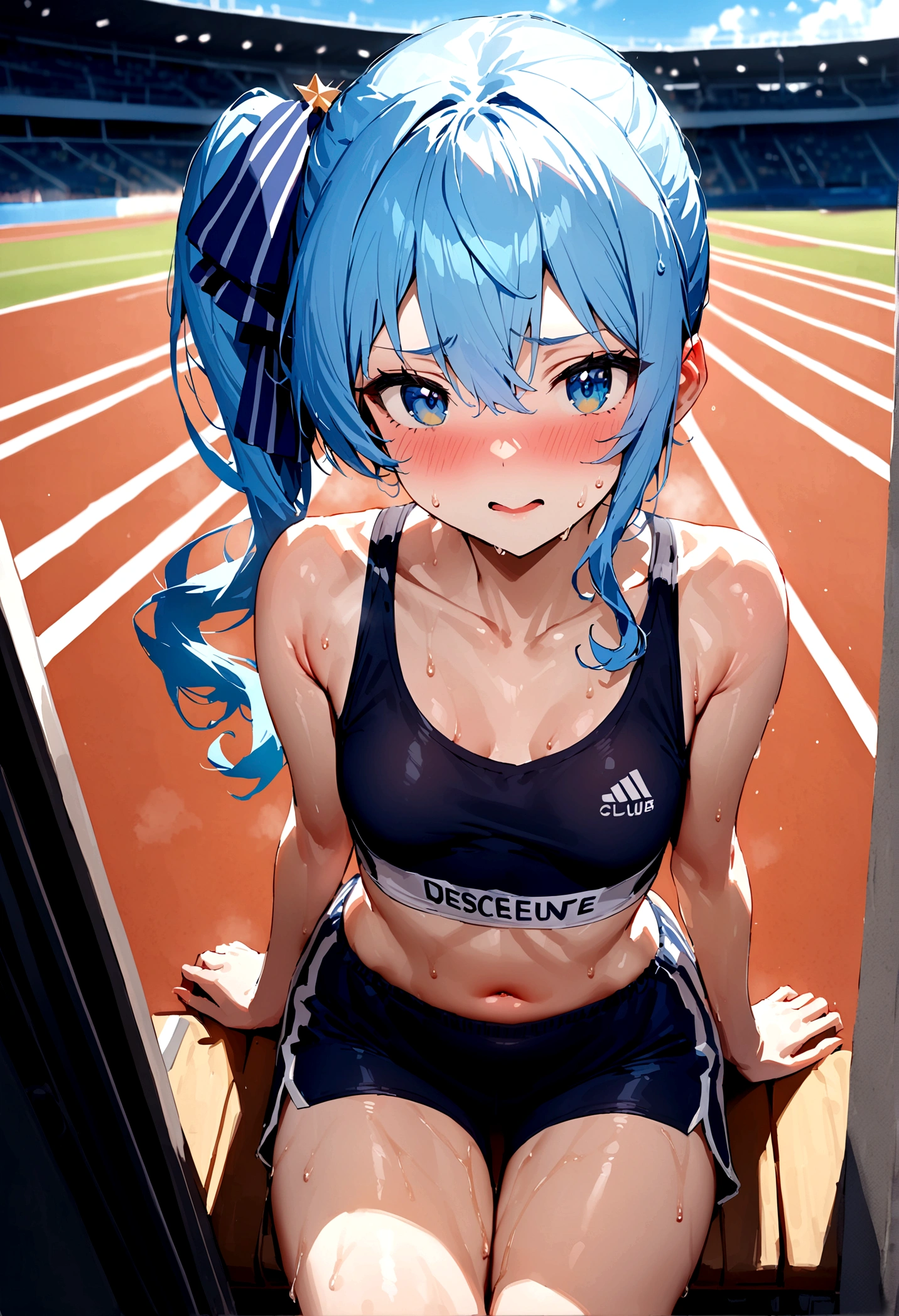 NSFW,masterpiece,Highest quality,High resolution,Super detailed,Star Town Suisei\(Hololive\),Blue Hair,One Side Ponytail,Blue Eyes,Small breasts,Track and field club,Descente Bra Top,Descente One Point Shorts,Streaks,Athletics Stadium,truck,blush,Expecting face,(Sweat),Sports Drink,Girl sitting