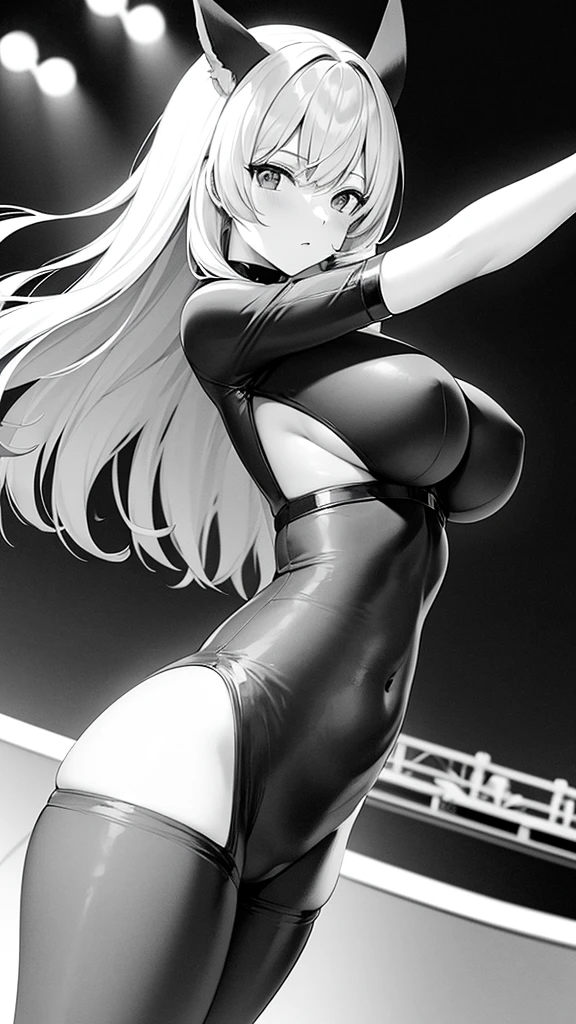lineart anime a woman and the drawing is in the front angle, She is in a frontal position and she is wearing a skintight bodysuit, She has thick thighs and her chest is almost bulging, She is on a stage and in the background there is an audience, She has her arms raised up and is in the front angle looking at the camera
