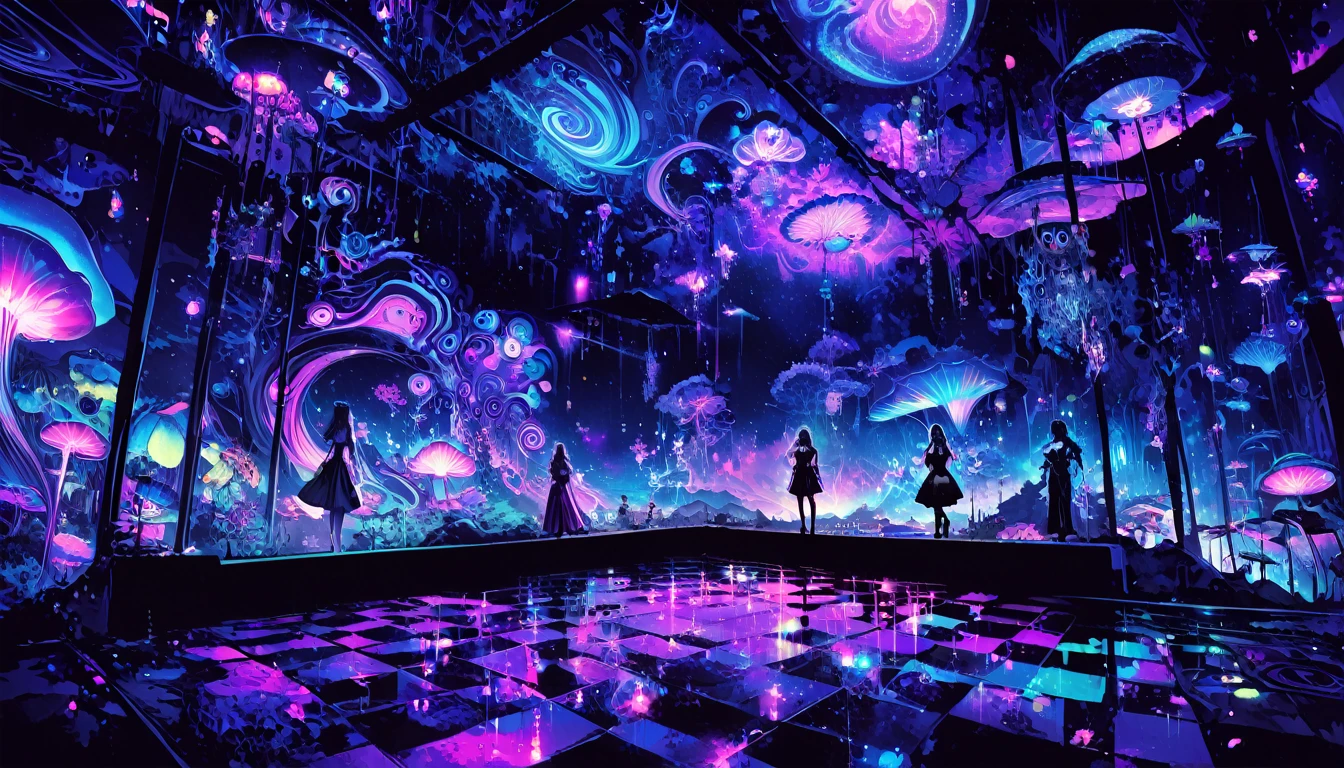 purple lights are hanging from the ceiling of a , set at night, psychedelic lighting, fantastic scenery, science fiction themed, whimsical and psychedelic, mind blowing, mixed media, scary themed, cena surreal, Purple scene lighting, psychedelic lights, night time scene, Lt. Jessie Alexandra Dick, night time, inspired by David LaChapelle, vibrant scenery, Wonderland at night