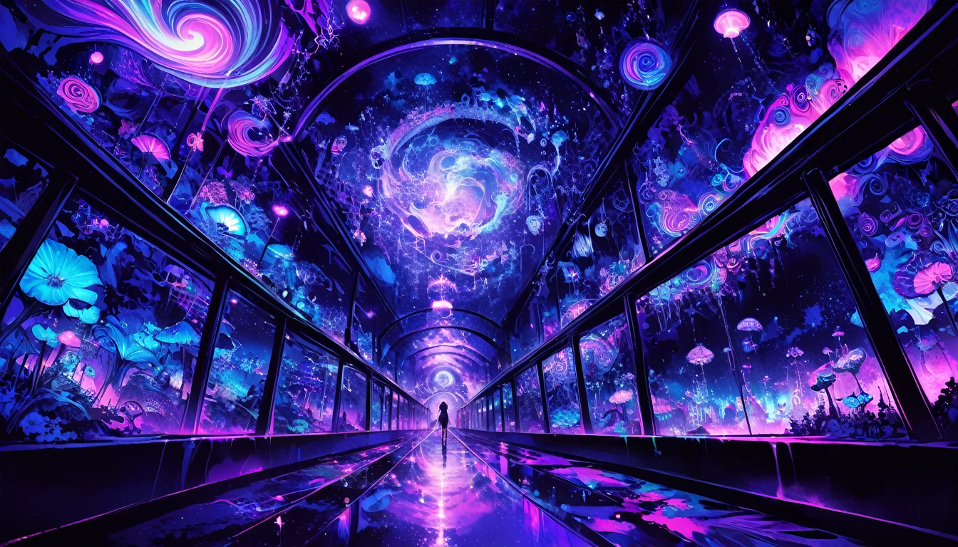 purple lights are hanging from the ceiling of a , set at night, psychedelic lighting, fantastic scenery, science fiction themed, whimsical and psychedelic, mind blowing, mixed media, scary themed, cena surreal, Purple scene lighting, psychedelic lights, night time scene, Lt. Jessie Alexandra Dick, night time, inspired by David LaChapelle, vibrant scenery, Wonderland at night