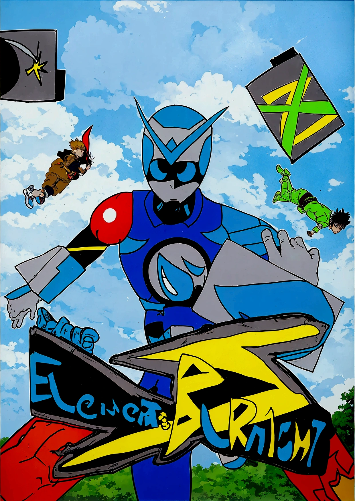 there is a cartoon of a man holding a kite and a sign, an epic anime of a energy man, promotional art, comic book's cover, official art, official artwork, promotional artwork, flying anime esper, comic cover, tekkon kinkret, kamen rider character, g - man ending, anime cover, digital art!!, eboy, art cover