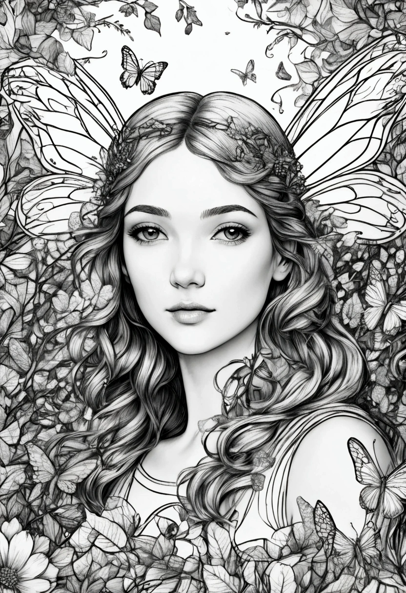 A fairy surrounded by enchanted creatures in a magical forest, clean line art, white background, colouring page, clean outline, sketch style, floral frame, decorative panel, abstract ,sketch, character lines and scenes without colors and shadows. (Masterpiece, Best Quality, Highres:1.4), Detailed, Intricate Details, 4K, color splashes, line art