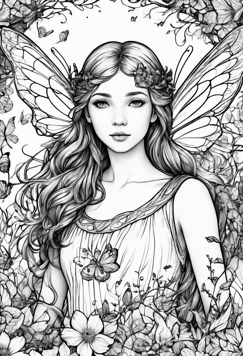 A fairy surrounded by enchanted creatures in a magical forest, clean line art, white background, colouring page, clean outline, sketch style, floral frame, decorative panel, abstract ,sketch, character lines and scenes without colors and shadows. (Masterpiece, Best Quality, Highres:1.4), Detailed, Intricate Details, 4K, color splashes, line art