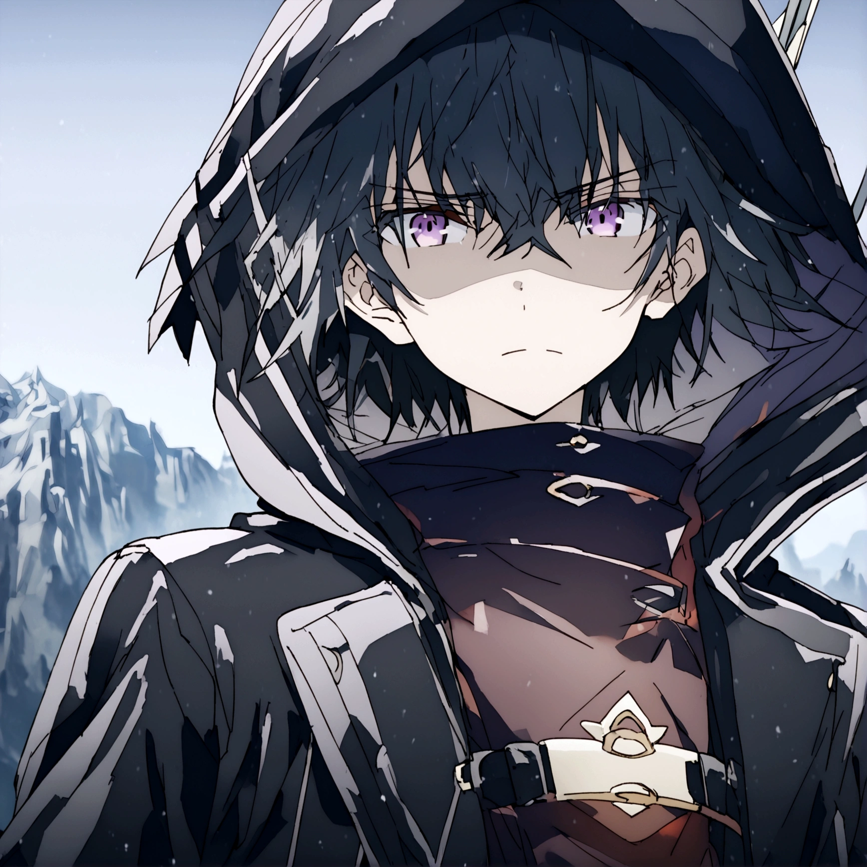 Anime male, black hair, purple eyes, black clothing, tired face expression, best quality, wise, cold-hearted, cool, solo, black hood on, black cloak