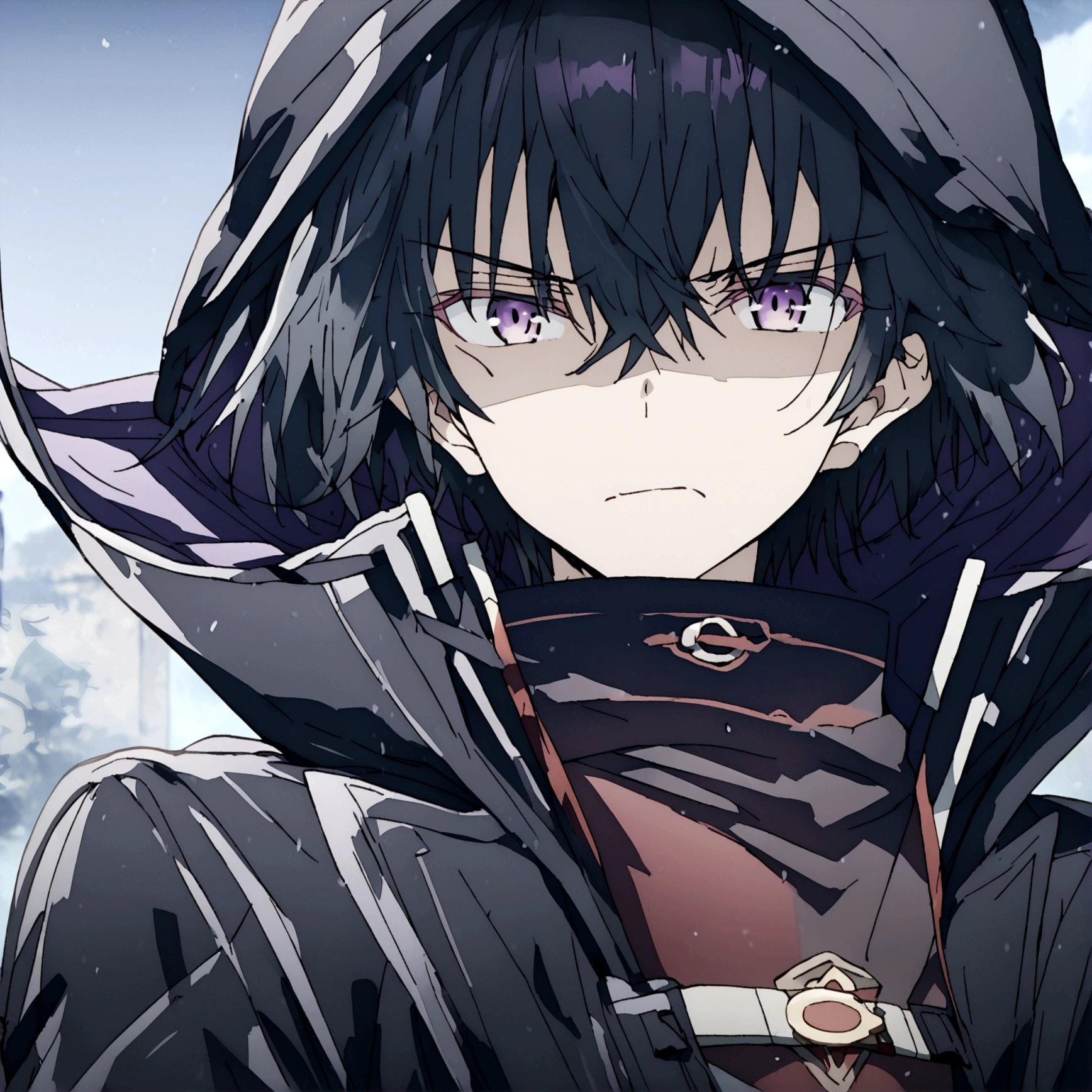 Anime male, black hair, purple eyes, black clothing, tired face expression, best quality, wise, cold-hearted, cool, solo, black hood on, black cloak