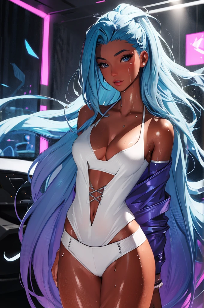 (best quality: 1.2), clean face, (masterpiece: 1.2, 8k)(PureErosFace_V1: 0.7), perfect anatomy, 1girl,a beautiful fashion model ,(masterpiece, official art, best quality) (wet skin, shiny skin) ,long and shiny hair, blue hair with streaks in hair, long hair, full lips, upturned nose , big breasts, looking at viewer, revealing outfit, absurdity, intricate details, dynamic pose, club, cinematic lighting, (highly detailed skin: 1.2), wearing
 short shorts and a tight white top, cleavage, torn clothes, thong straps