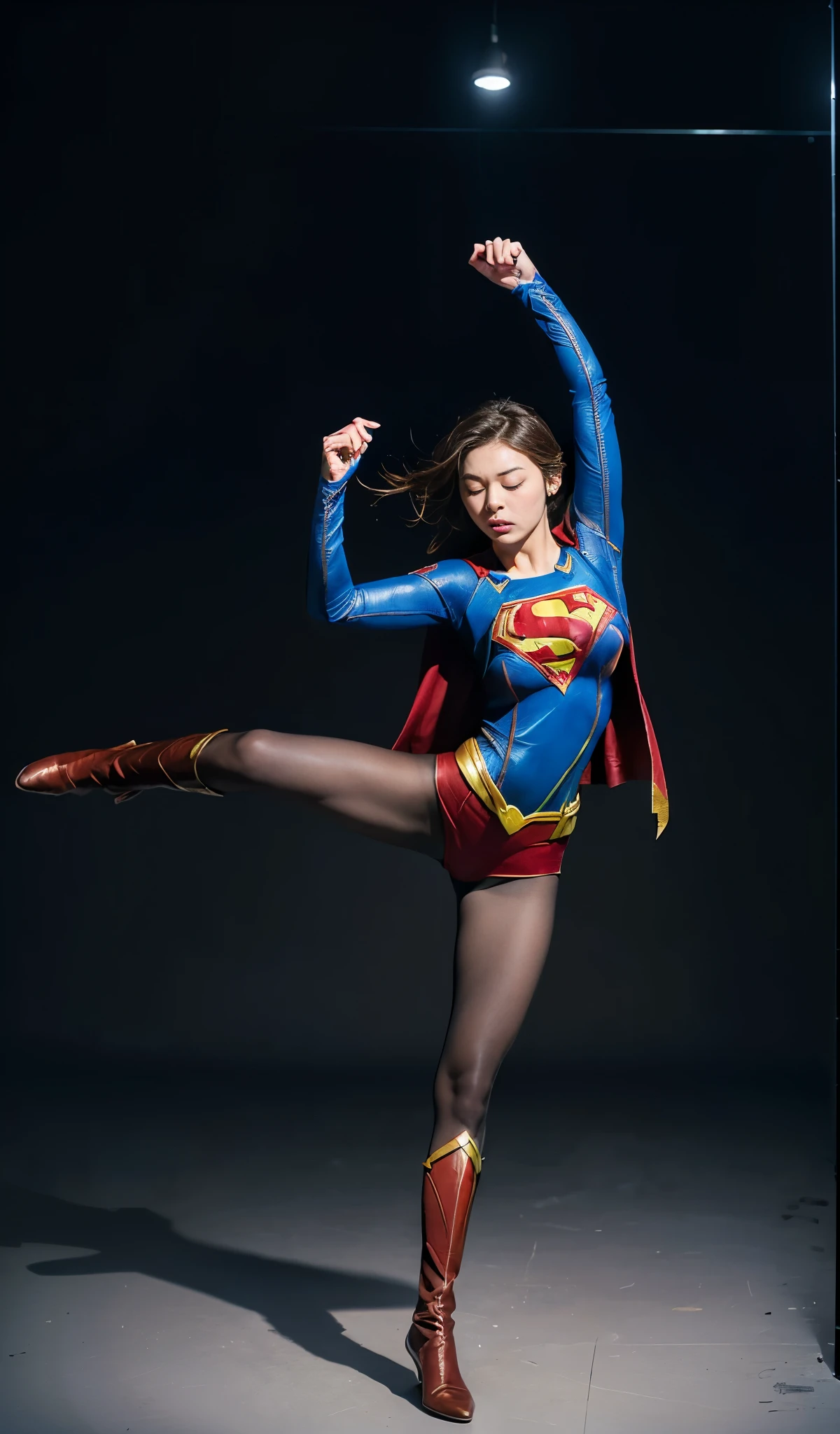 No background、(((Supergirl Costumeを着用する)))、(((Detailed drawing of hands and fingers)))、(((Always close your eyes)))、He always looks like he's in pain、Always close your eyes、Keep your arms up at all times、Always with your arms in the air、(((Beautiful legs in black tights.)))、(((Stretch your legs、expensive、あなたのsufferingを合法的に表現する)))、((((Make the most of your original images)))、(((Supergirl Costume)))、(((Beautiful short bob hair)))、(((suffering)))、(((Black tights legs、Wear red boots)))、((Best image quality、8K))、((Highest quality、8K、masterpiece:1.3))、(((Preserve background )))、Sharp focus:1.2、Beautiful woman with perfect figure:1.4、Slim Abs:1.2、Wet body:1.5、Highly detailed face and skin texture、8K