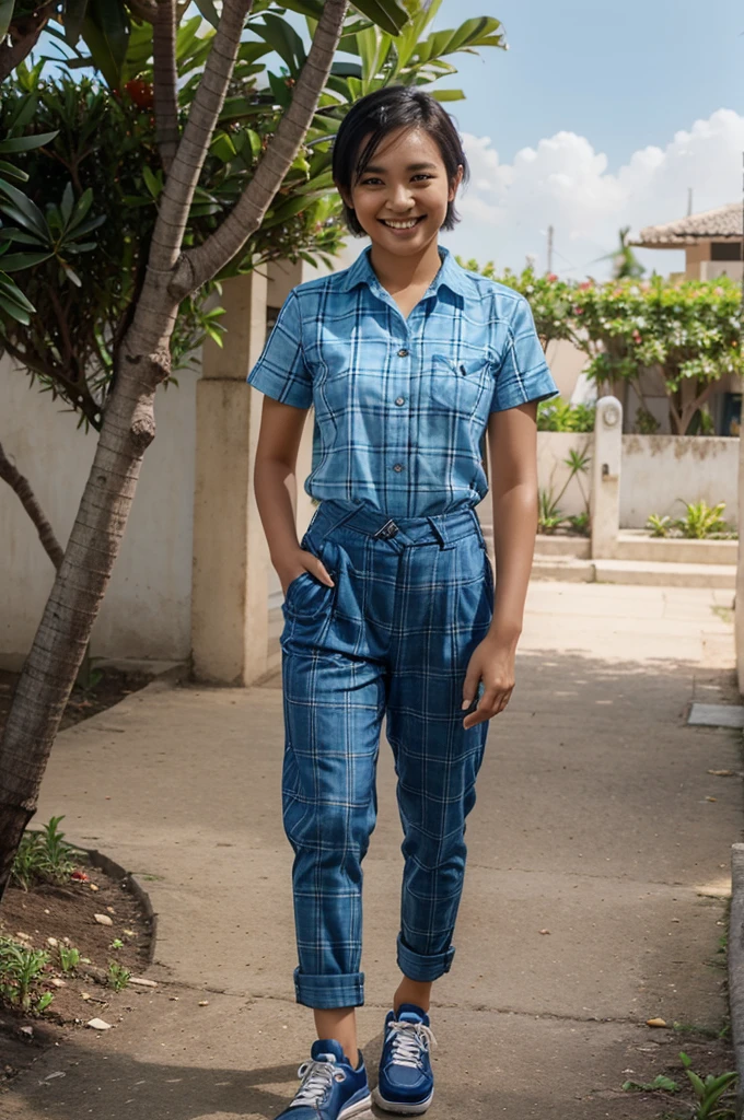 a young Indonesian woman smiling happily short hair tomboyish mohwak wearing a blue checkered shirt and trousers and wearing Jordanian shoes is standing in front of a frangipani tree detail photo 8k short angle ultra HD wide 16k super realistic