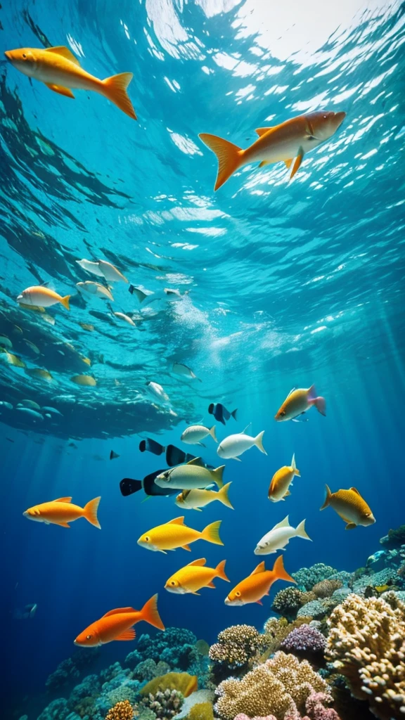 The fish are swimming,The sky is the universe. I can see the sky clearly and the fish are happy.