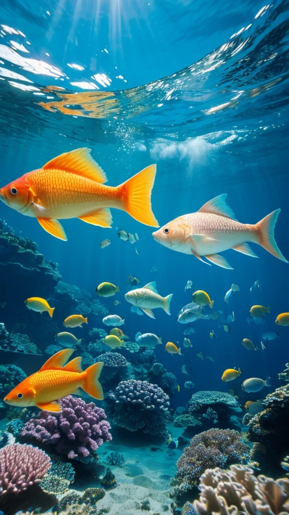 The fish are swimming,The sky is the universe. I can see the sky clearly and the fish are happy.
