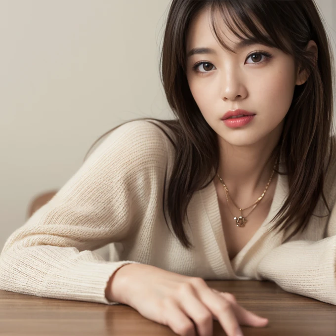 (table top,highest quality)), (photo-realistic:1.4),(((table top,8k)),white wall,(white room),((full body photo))),Photographed in natural light,Highly detailed face and skin texture,highly detailed lips,correct state of the human body,ultra high resolution,(Photoreal:1.4),highest quality, 1 beautiful woman, 38 years old, s, 60mm lens, light beige knit,(medium hair),japanese woman,(black hair),Various poses,looking at camera,natural lip color, necklace