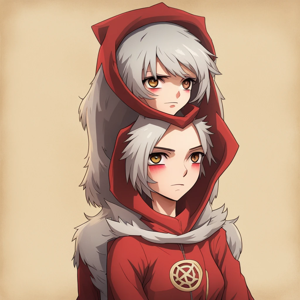 score_9, score_8_up, (clear simple background, white background, papyrus background), ((adult))
(girl:1.2), _young, lagre_breasts , smug face, Serious face expression, whore_makeup,  tribal makeup, solo, (blond hair, red hoody, , female), (wearing grey wolf hide, grey colored wolf head cap:1.2), (fullbody, tattoos, curvey bode, cute face, focus), beautiful, 