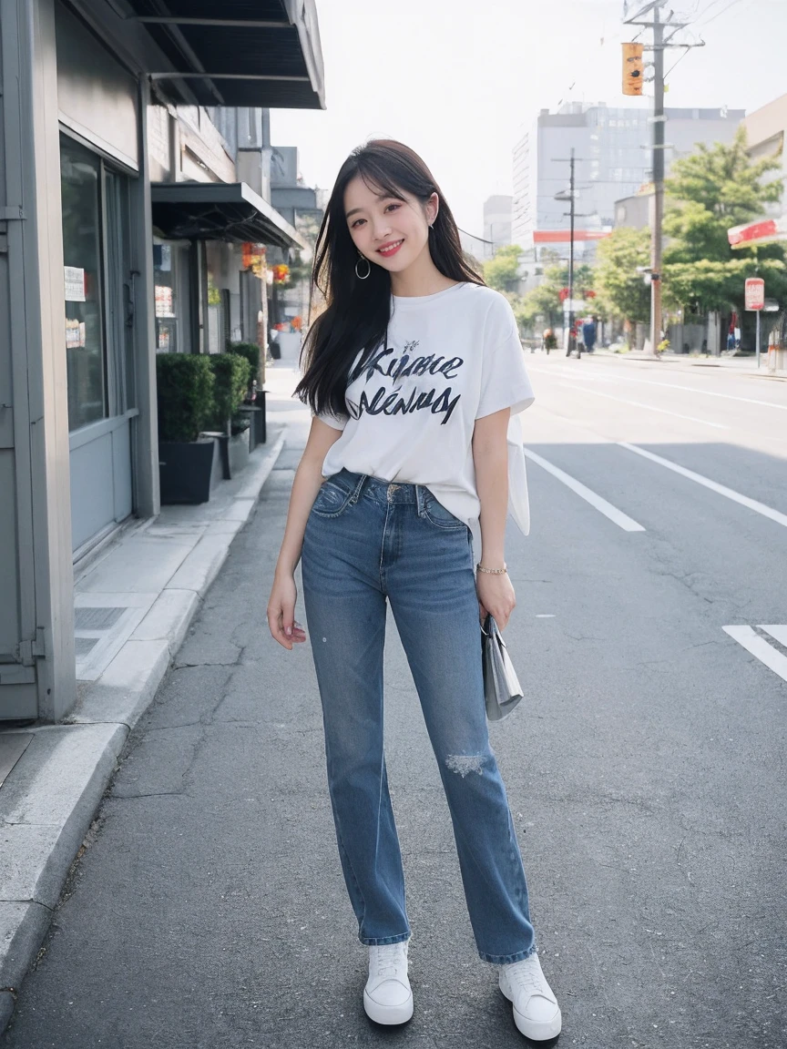 Realistic,score_9, score_8_Excellent, score_7_Excellent, 1人of女性(40s:2.0),alone,Tie long hair to the side,From before,Face Focus,(View your viewers:1.2),A kind smile(Laugh with your mouth closed:1.2),Full body portrait(Medium:1.2),bright,Polaroid,(depth_of_Field:1.5),晴れof日,Outdoor,street,目of間of毛,Moody lighting,Lens flare,Available Light,Rim Light,Shining neon lights,Curvy,Standing posture(standing on street corner:1.5),Heather Mauve色ofTshirt,(Plain:1.7),Tshirtをウエストに入れない,Blue Jeans,日本of女性