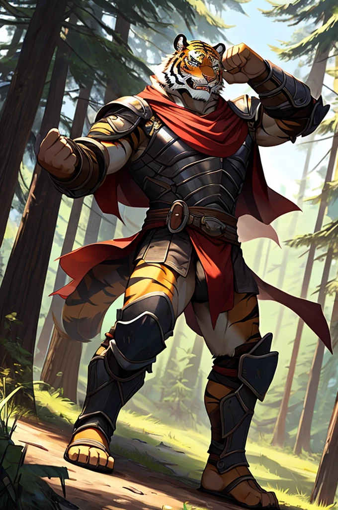 Tiger,Young Adults,Strong,handsome,warrior,Brave,Sexy body,Golden fur,Huge penis,Bare chest and abdomen,Bare legs,Stubby fingers,unarmed,Very cool to wear,Barefoot,Revealing clothing,毛茸茸的Tiger爪,Extremely revealing clothing(Scapula,Armor knee pads,Red torn shawl,No pants),expression(vigilante,Gnashing of teeth),action(Standing,vigilante),Alone,angry,Challenge the camera character to a duel,environment(Clearing in open forest,There are sparse low weeds around,There are pine trees in the distance),good-looking,masterpiece,Very detailed,best quality,Light and Shadow,The penis is very big