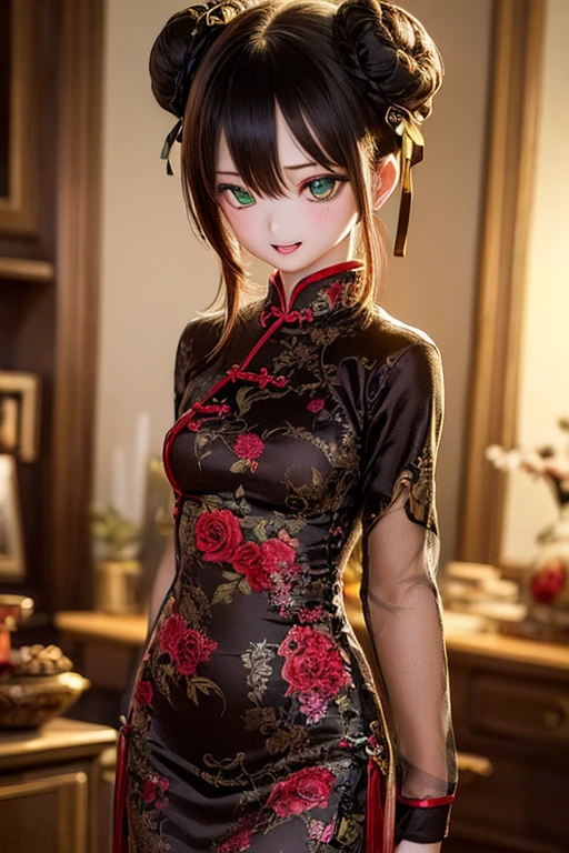 (SFW:2), photorealistic, realistic photo, 8k, ((highest quality)), ((masterpiece)), (extremely detailed), kukolnydom, doll, 1girl, 18yo, 18 years old, solo, ((cowboy shot)), (skinny, slender, slim, light smile, parted lips), green eyes, brown hair, double buns, (looking at another, gradient eyes, shining eyes, detailed eyes, detailed face:1.3), china dress, qipao, chinese room