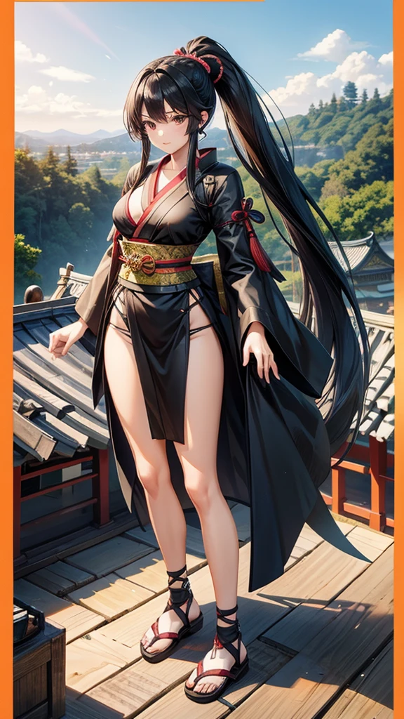 Beautiful girl with long black hair and ponytail and medium breasts,Ninja costumes,Bare Legs,Straw sandals,Standing,Japanese castle roof