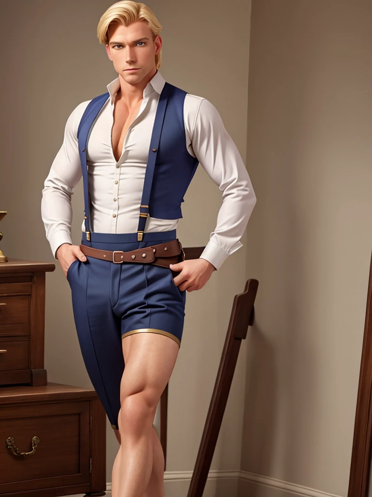 handsome muscular blond British officer of the 19th century in breeches, shirt, and removed suspenders