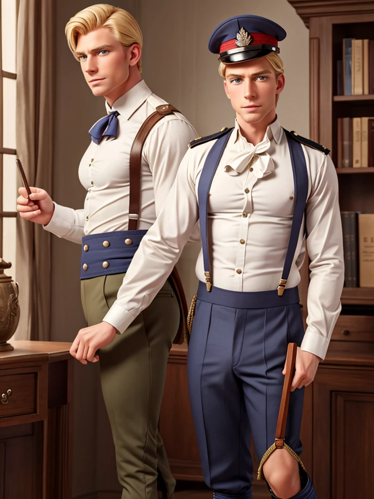 handsome muscular blond British officer of the 19th century in breeches, shirt, and removed suspenders