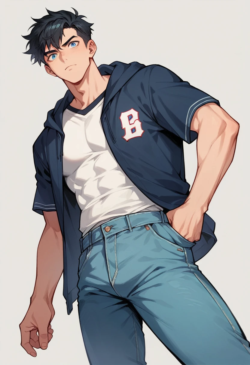 anime, guy with messy medium length black hair, sharp almond shaped blue eyes with a soft but mysterious look, light tan skin, athletic build, give him a handsome face, give him a baseball jersey and hoodie with jeans
