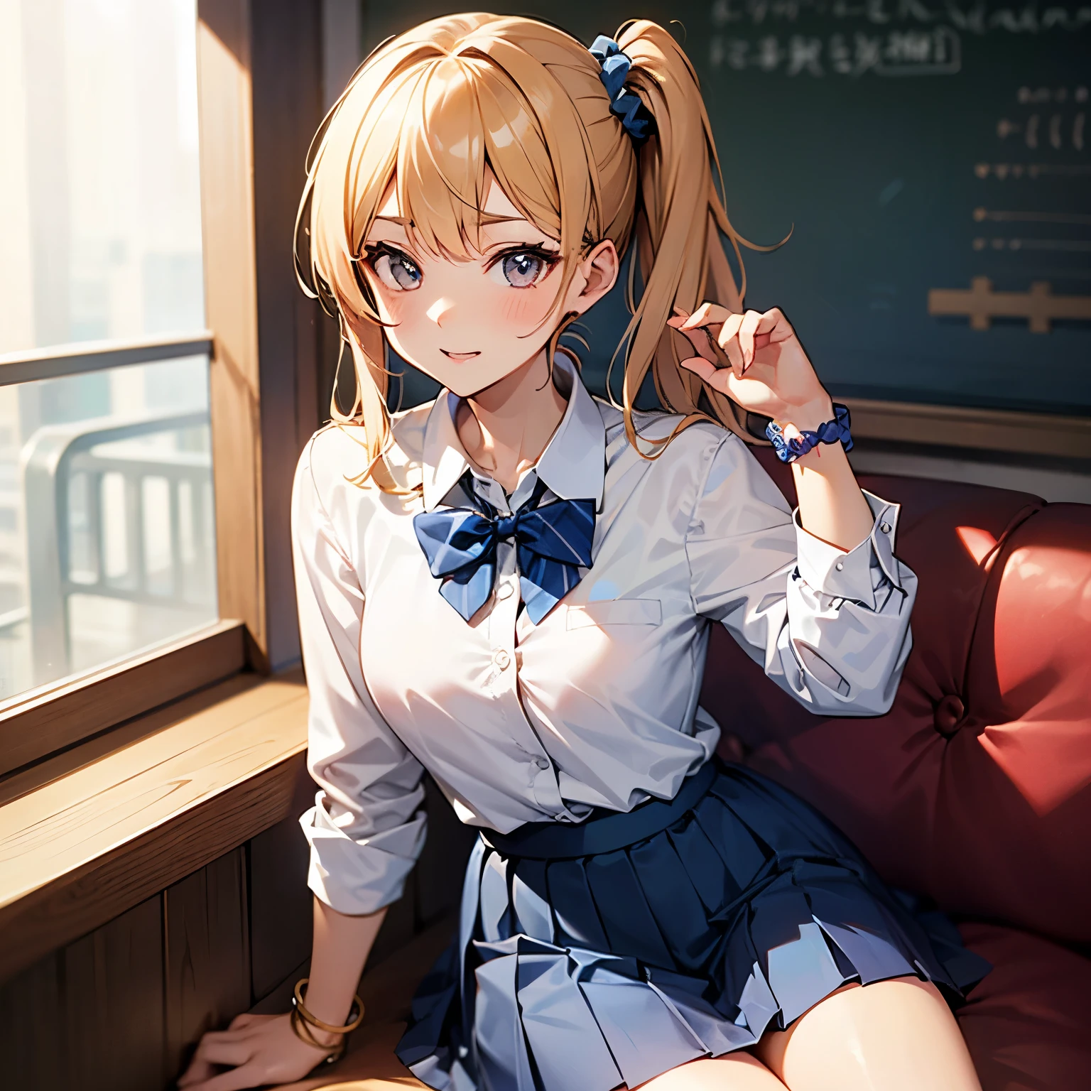 ,gyaru, collarbone, bow, loose bowtie, white shirt, collared shirt, long sleeves, bracelet, wrist scrunchie,blue skirt, pleated skirt,