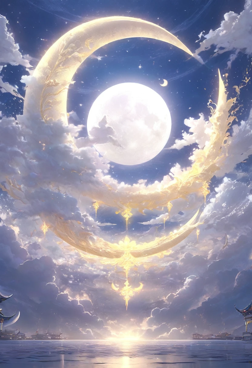 Glowing Crescent Masterpiece，tmasterpiece，quality，Best quality at best，current，glowing crescent moon，calm evening，unified，8K