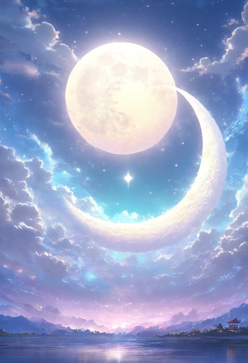 Glowing Crescent Masterpiece，tmasterpiece，quality，Best quality at best，current，glowing crescent moon，calm evening，unified，8K