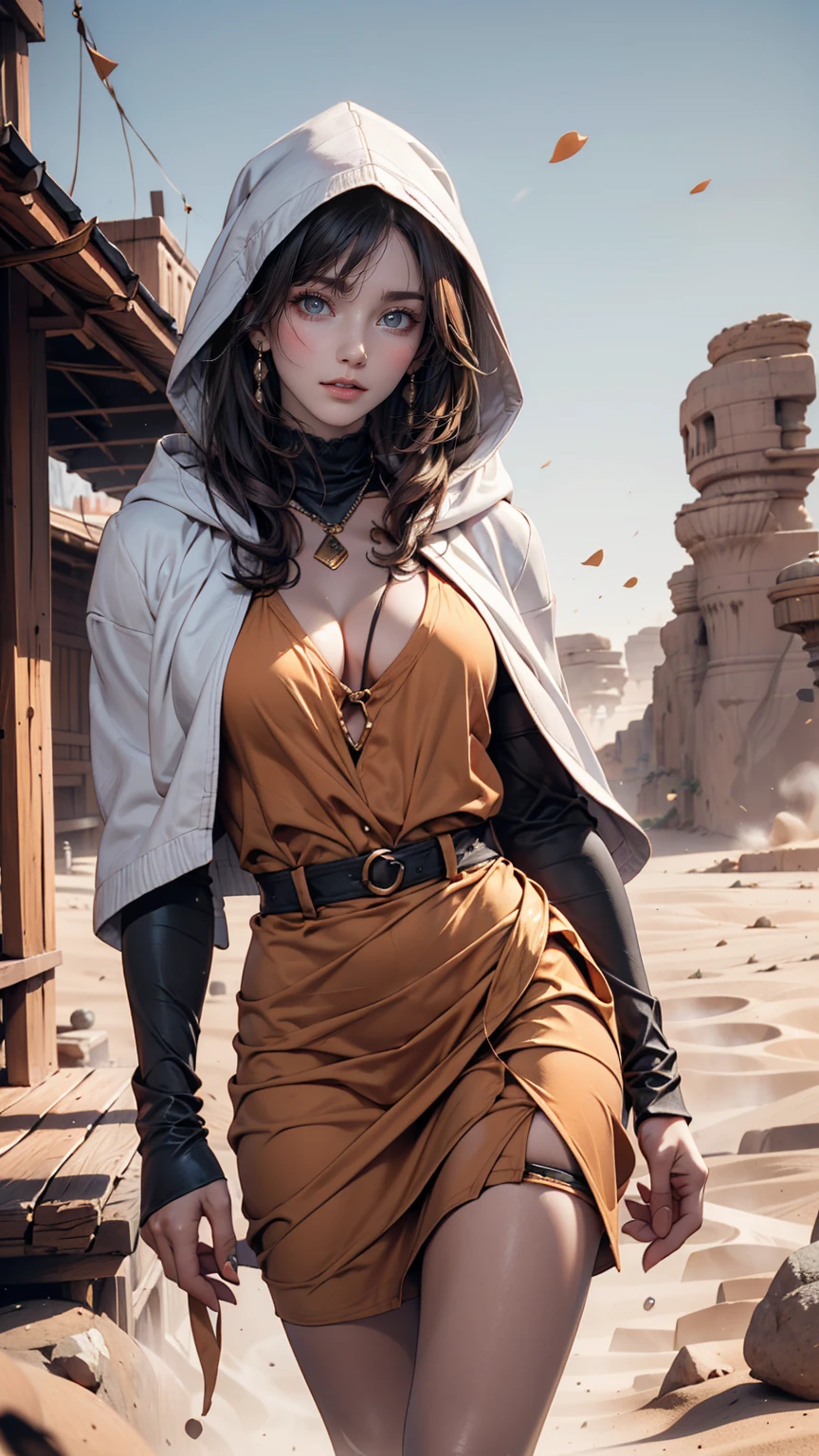 24-year-old woman、Walking in the Sahara Desert、Oasis is nearby、Wear a cape and hood to avoid the strong sunlight、Cover your face with a cloth to protect from dust