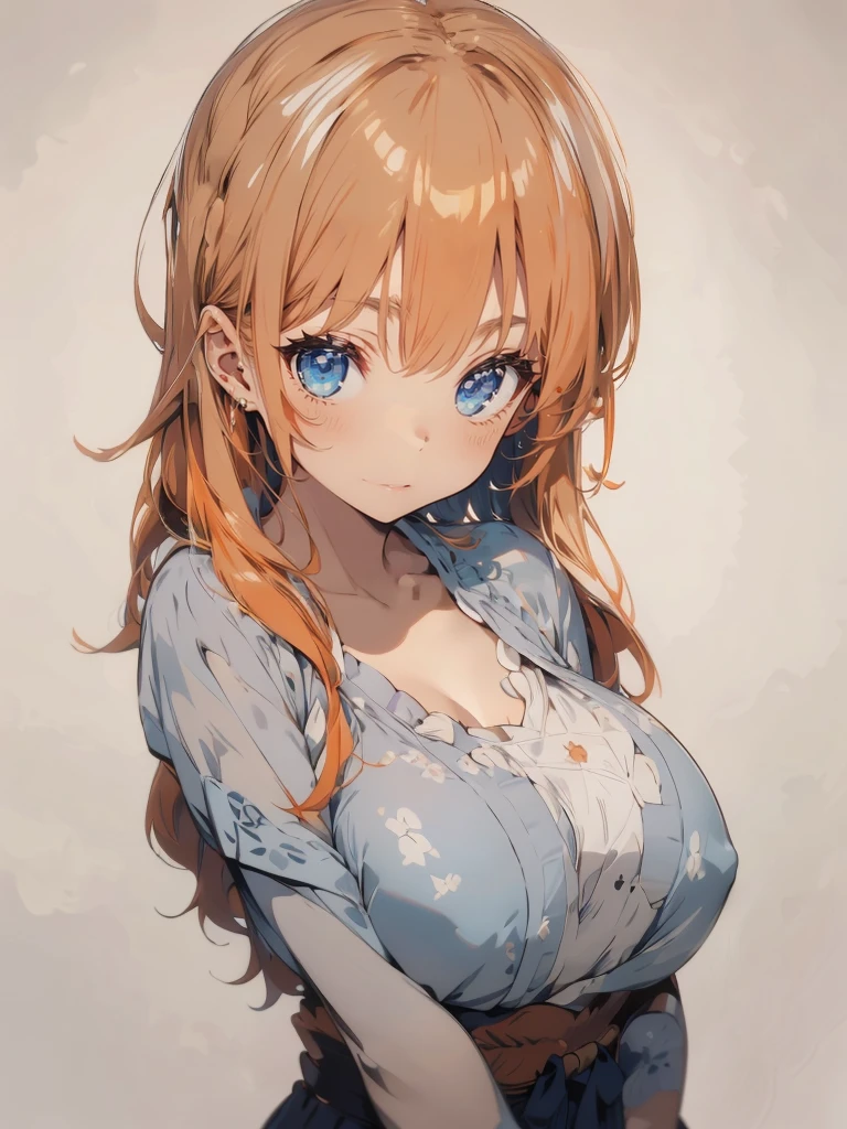 One angel wearing a yukata after a hot spring bath(:1.5)(Small body) (Orange Hair:1.5)(eyelash:1.2) (Mid-length hair:1.4), (Blue eyes)(Big Breasts:1.3)High Contrast