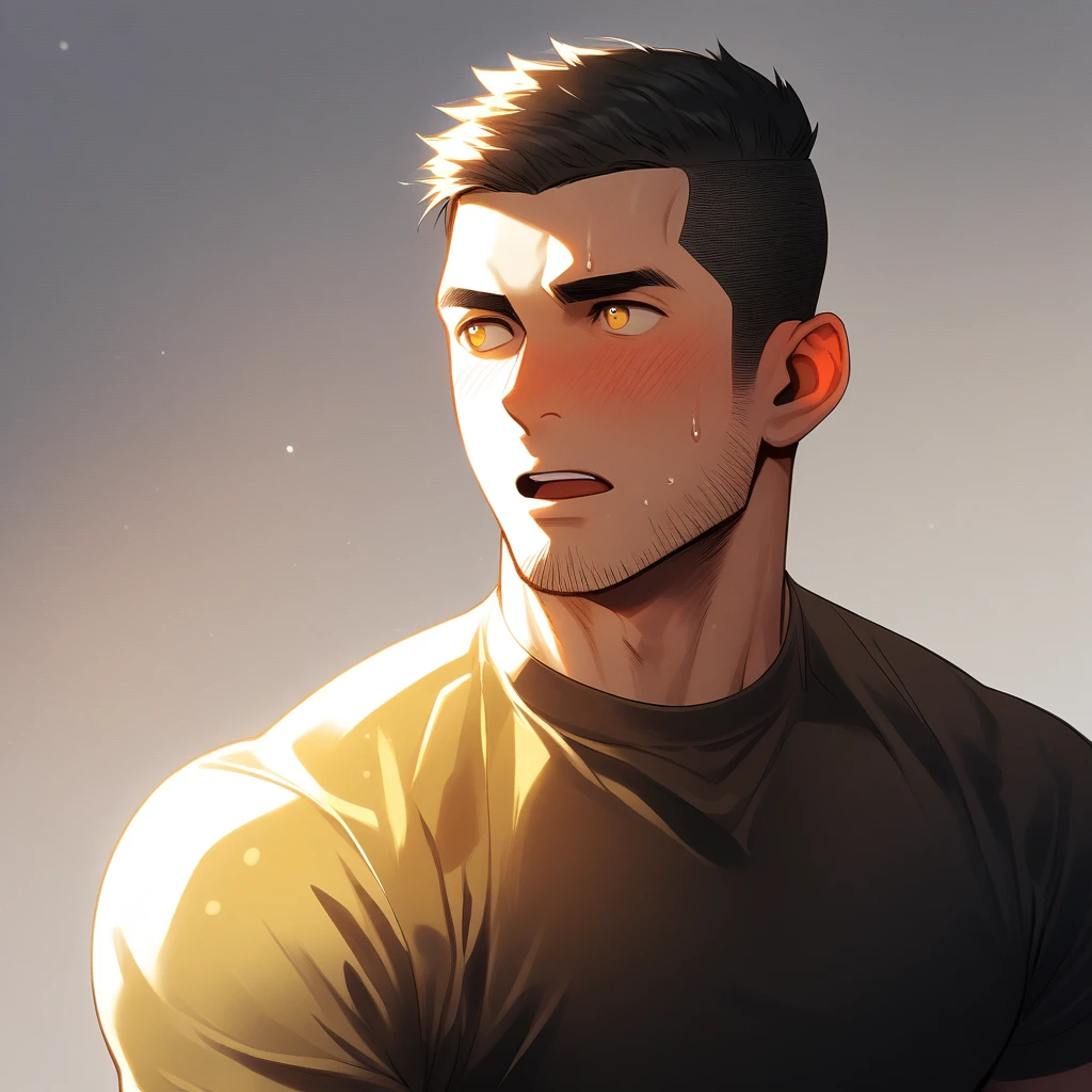 1muscular sportsman, male focus, Short Hair, Yellow and black tight T-shirt, Very tight, muscular male, muscular, only, Upper body, alone, look to the side, short hair, stubble, sweat, black hair, Yellow eyes, open lips, White background, simple background, amazing quality, best aesthetics, Ridiculous, crew cut, moaning, blush, chiaroscuro, cinematic lighting, best quality, textured skin