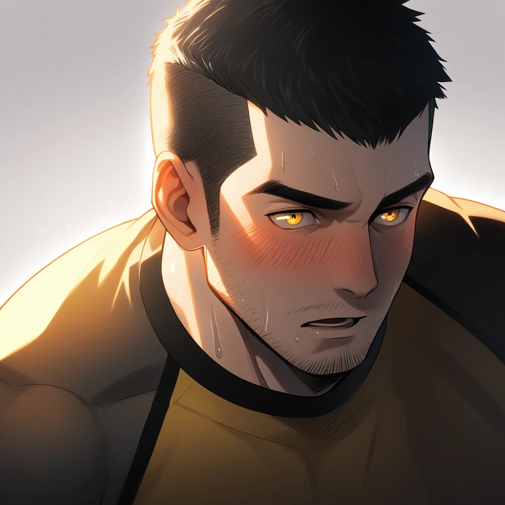 1muscular sportsman, male focus, Short Hair, Yellow and black tight T-shirt, Very tight, muscular male, muscular, only, Upper body, alone, look to the side, short hair, stubble, sweat, black hair, Yellow eyes, open lips, White background, simple background, amazing quality, best aesthetics, Ridiculous, crew cut, moaning, blush, chiaroscuro, cinematic lighting, best quality, textured skin